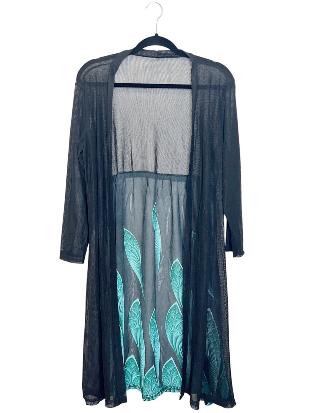 Mesh and Leaf Print Long Open front Cardigan size Medium
